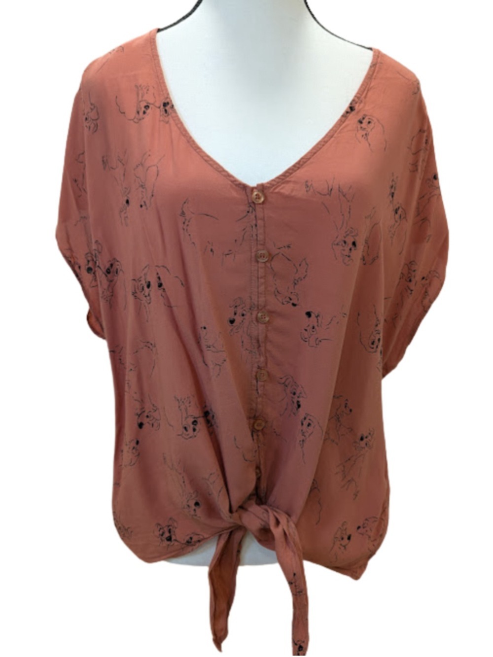 Disney 101 Dalmatians Sketch Print Tie Front Blouse Rayon Dusty Rose Top Size 0